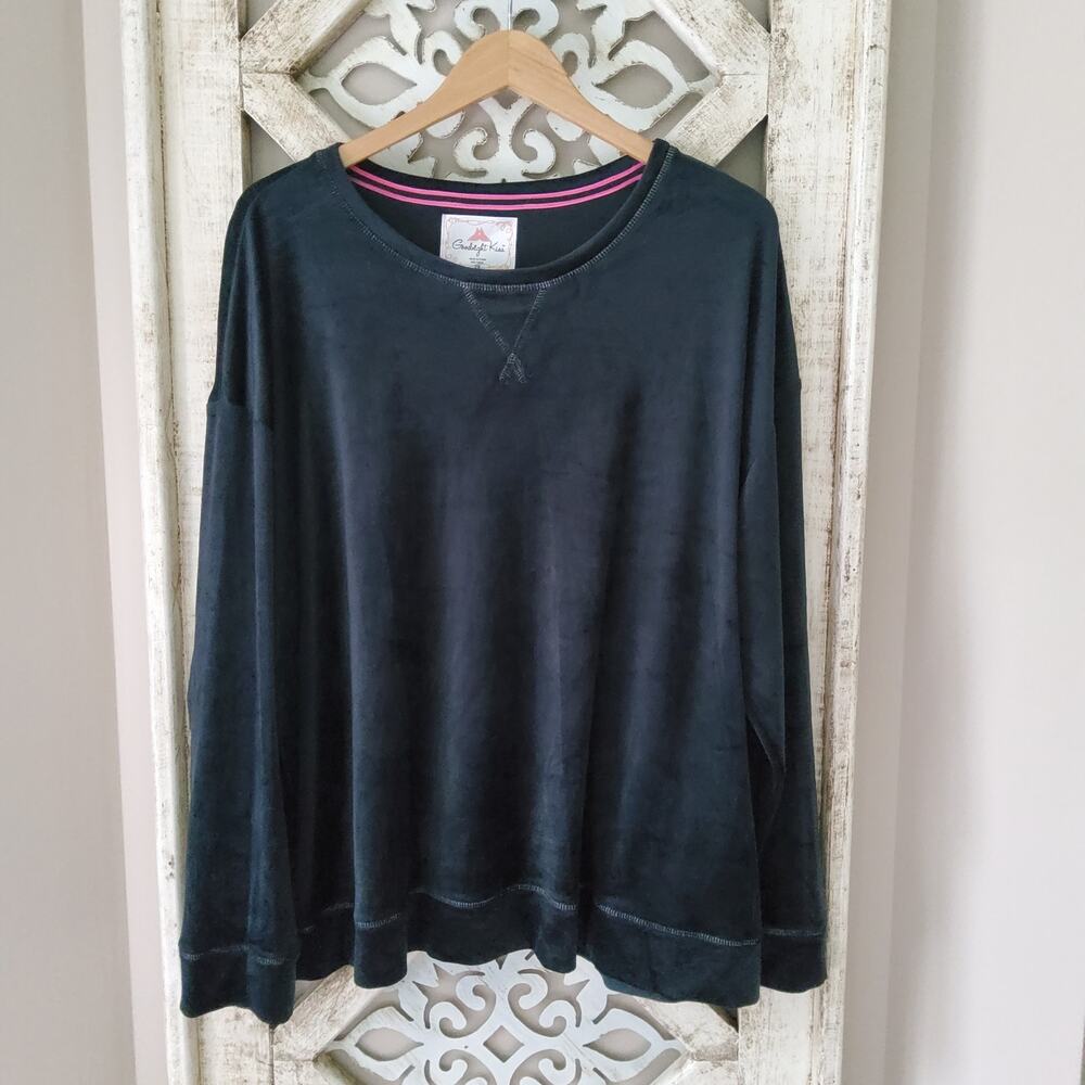 Goodnight Kiss Black Velour Loungewear Pajama Top Plus 2X Cozycore NWT